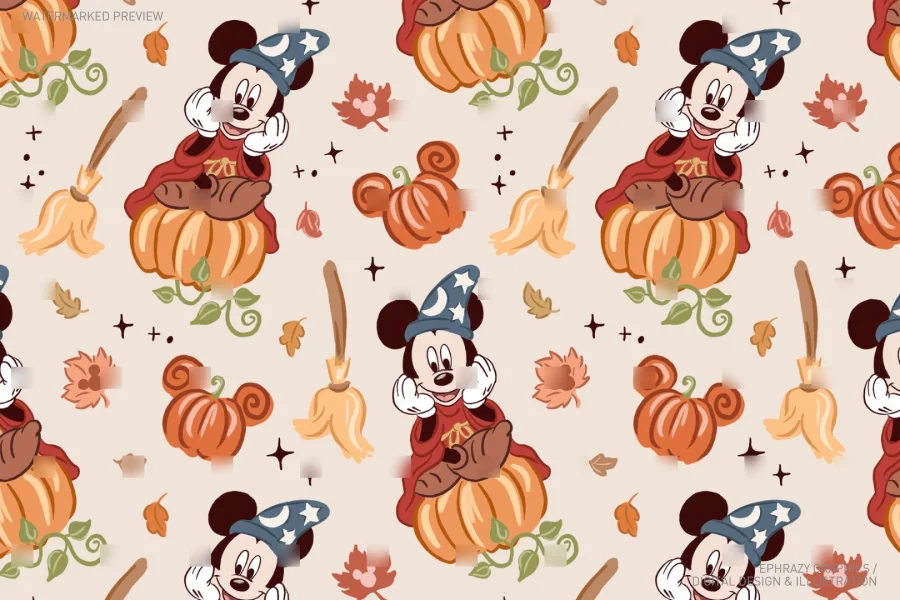 Sorcerer Mickey Fall Pumpkins Seamless Pattern [122] - 5