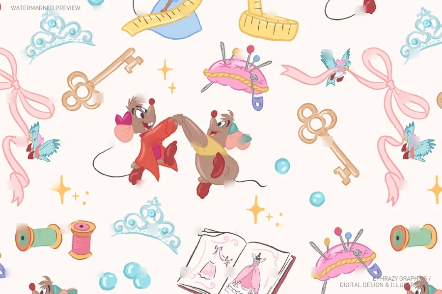 Cinderella Sewing Mice Jaq and Gus Seamless Pattern [124] - 6