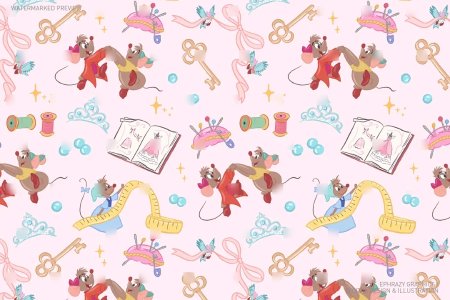 Cinderella Sewing Mice Jaq and Gus Seamless Pattern [124] - 5