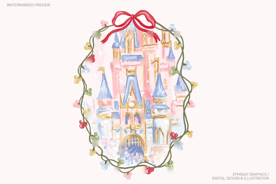 Cinderella Castle Christmas Watercolor Clipart [139] - 2