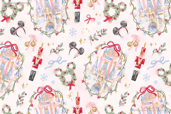 Cinderella Castle Christmas Watercolor Seamless Pattern [139] - Seamless