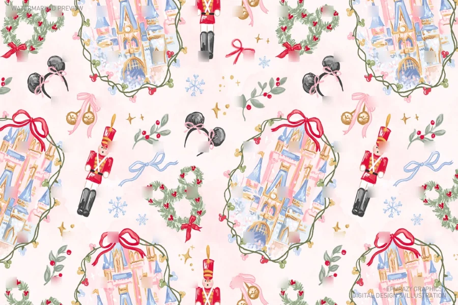 Cinderella Castle Christmas Watercolor Seamless Pattern [139] - 1