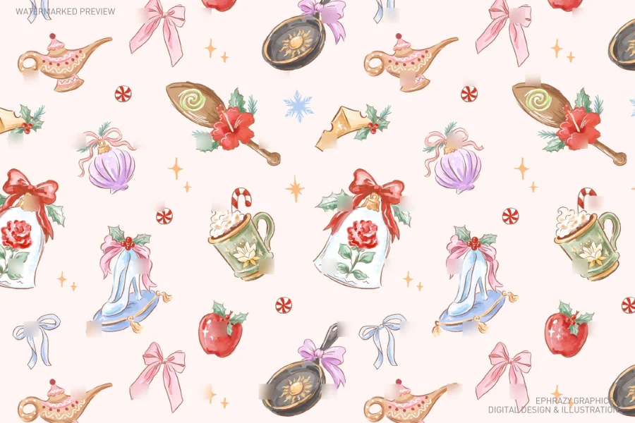 Disney Princess Christmas Watercolor Seamless Pattern [149] - 3