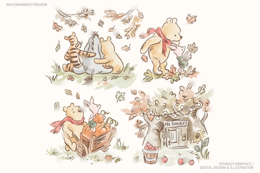 Classic Winnie the Pooh Fall Watercolor Clipart [151] - 1