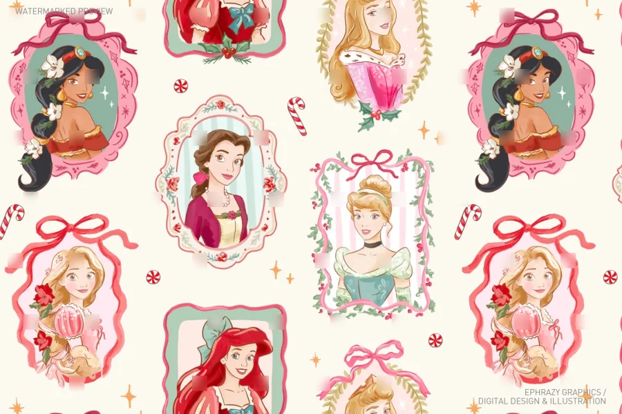 Disney Princess Christmas Watercolor Frame Seamless Pattern [158] - 3