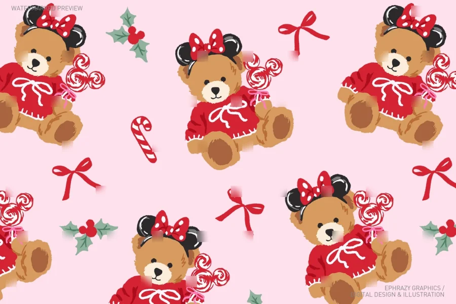 Disney Coquette Christmas Teddy Bear Seamless Pattern [160] - 4