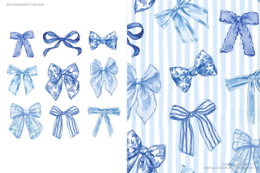 Blue Watercolor Bows Set [025] - 1