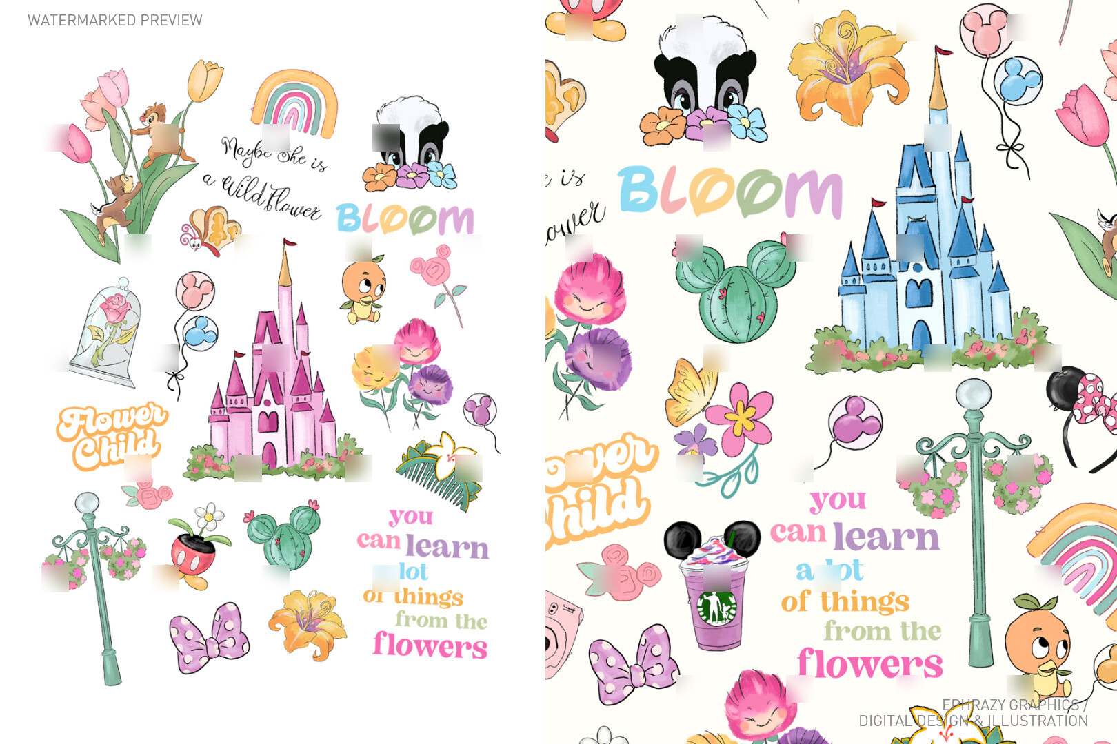 Hand-drawn spring Disney-themed graphic featuring a floral castle ...