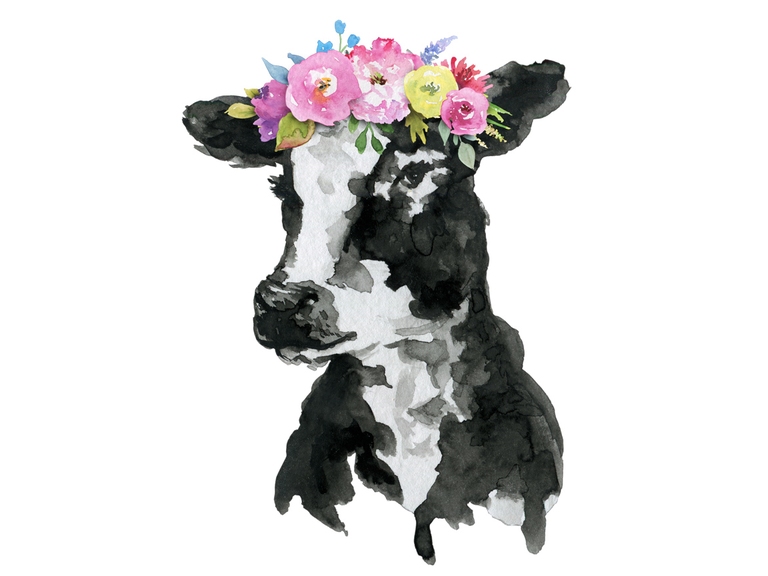 Black White Cow With Flowers