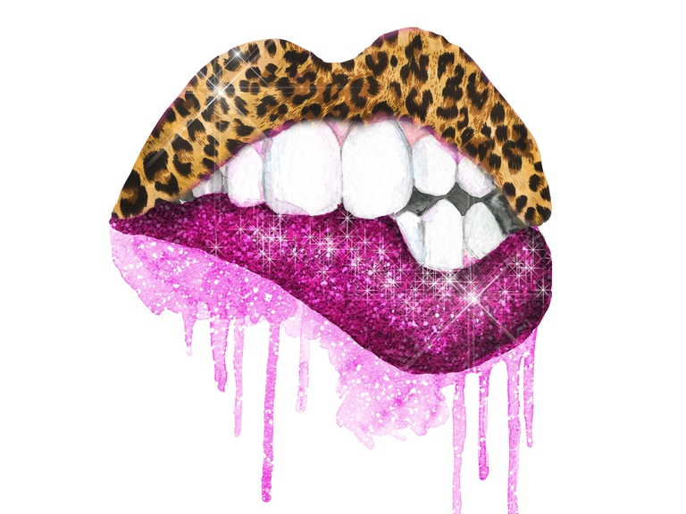 Leopard Glitter Pink Lips Bite Dripping