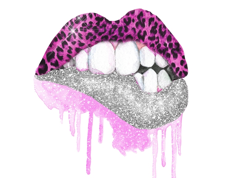 Leopard Silver Glitter Pink Lips Bite Dripping
