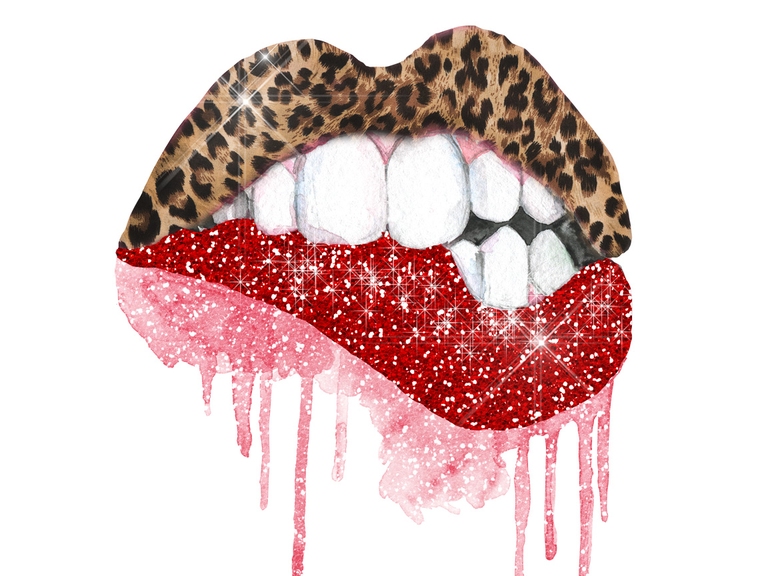 Leopard Glitter Red Lips Bite Dripping