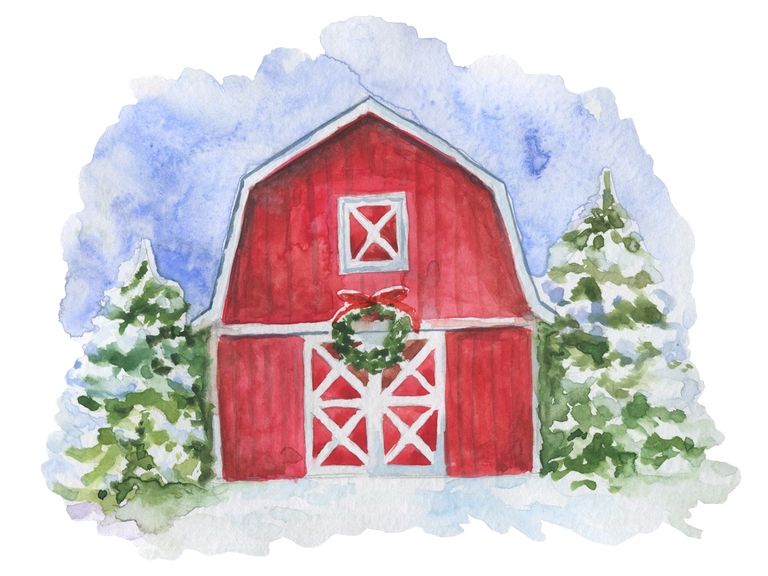 Red Barn Christmas Farm Country Watercolor Sublimation