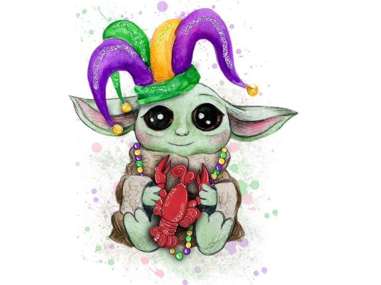 Mardi Gras Crawfish Fleur De Lis Baby Yoda Star Wars Disney Watercolor Sublimation