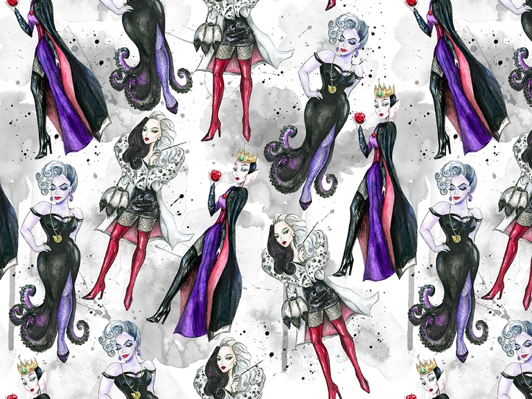 Disney Villains Cruella Ursula Evil Queen Halloween Seamless Pattern