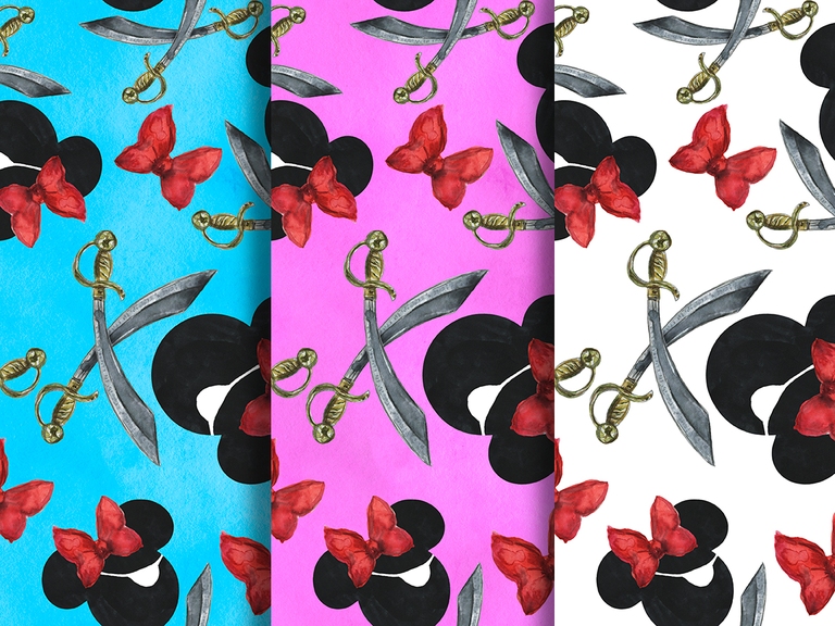 Disney Cruise Minnie Mickey Pirate Watercolor Seamless Pattern