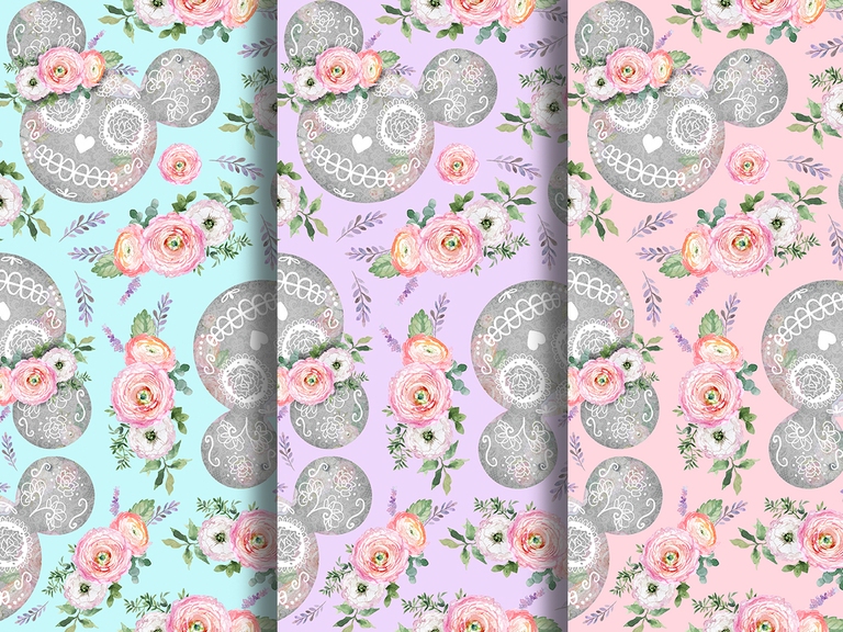 Disney Halloween Sugar Scull Mickey Floral Flowers Lace Watercolor Seamless Pattern