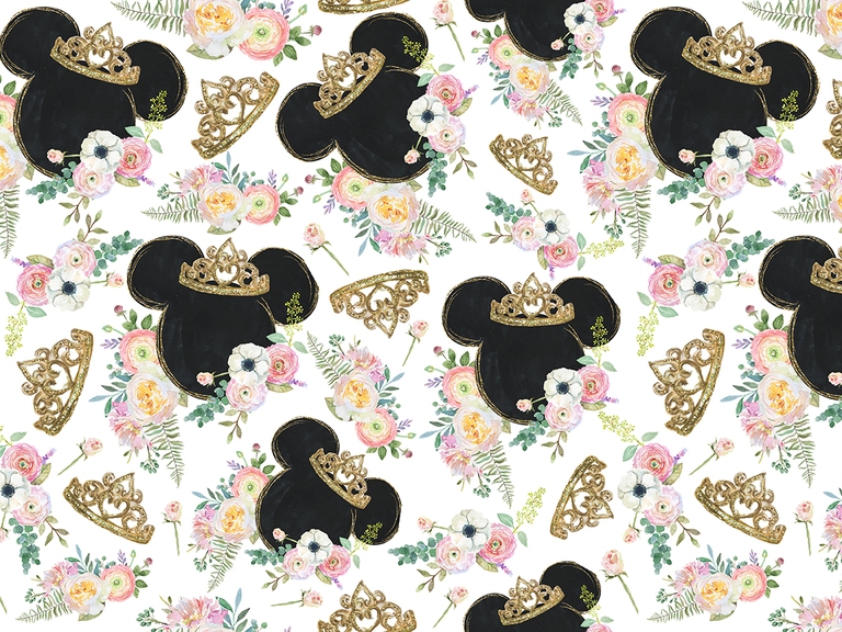 Princess Is Training Mickey Minnie Floral Crown Flowers Glitter Watercolor Seamless Pattern