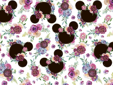 Disney Floral Mickey Purple Flowers Minnie Fall Watercolor Seamless Pattern