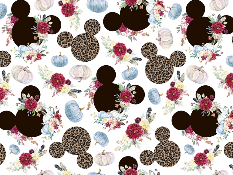 Disney Floral Mickey Pumpkin Fall Minnie Flowers Leopard Watercolor Seamless Pattern