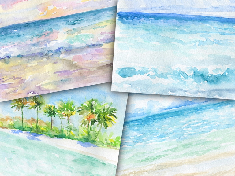 Sea Ocean Tropic Water Palm Hand Painted Watercolor Paper Background Set