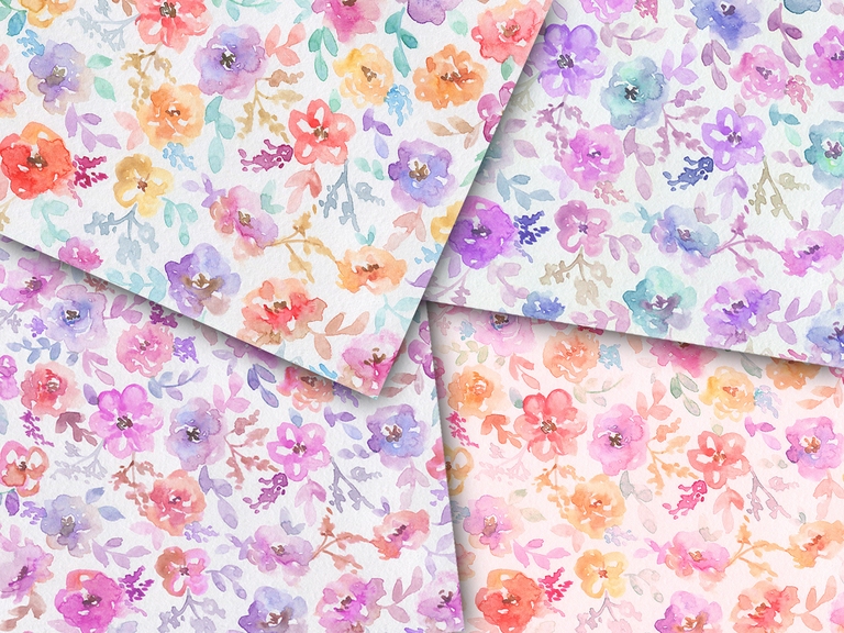 Floral Flowers Hand Painted Watercolor Background Digital Paper Set