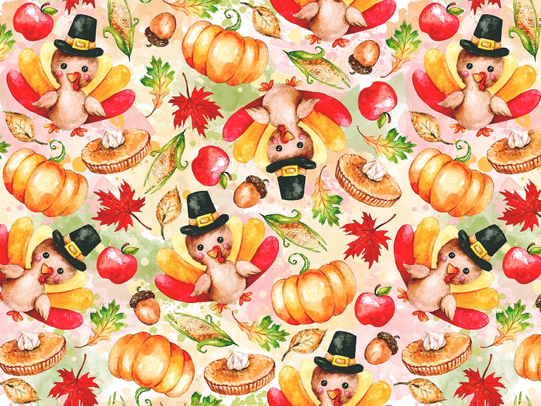 Thanksgiving Day Turkey Pumpkin Corn Seamless Watercolor Pattern