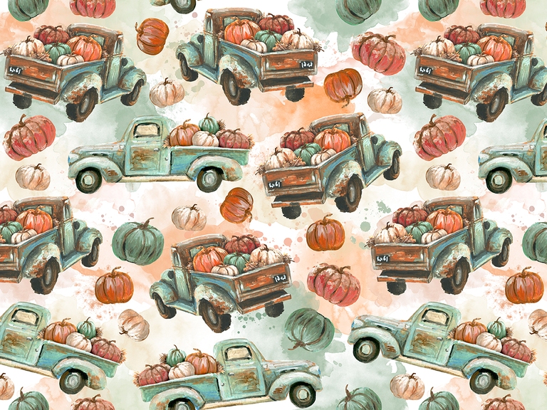 Fall Turquoise Truck Pumpkin Patch Watercolor Seamless Pattern