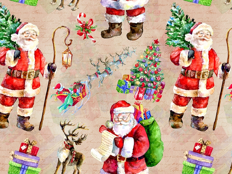 Christmas Santa Tree Deer Watercolor Seamless Pattern