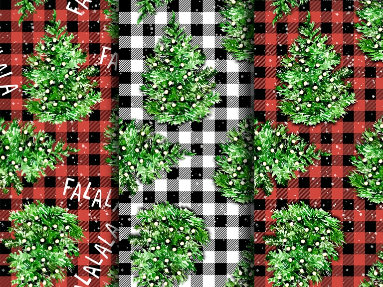 Christmas Tree White Red Plaid Watercolor Seamless Pattern