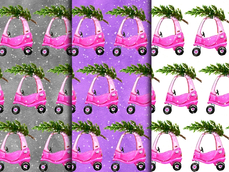 Little Christmas Toy Car Girl Tike Tree Watercolor Seamless Pattern