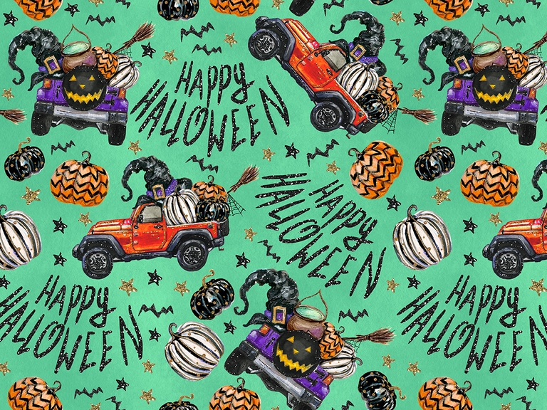 Halloween Jeep Watercolor Seamless Pattern