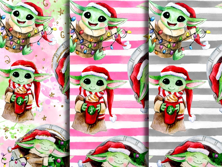Baby Yoda Star Wars Disney Christmas Watercolor Seamless Pattern