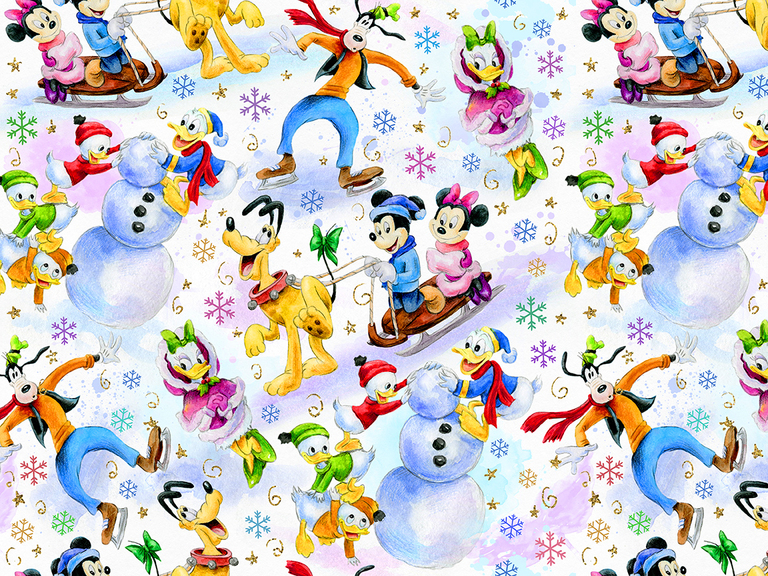 Disney Mickey Donald Pluto Winter Christmas Watercolor Seamless Pattern