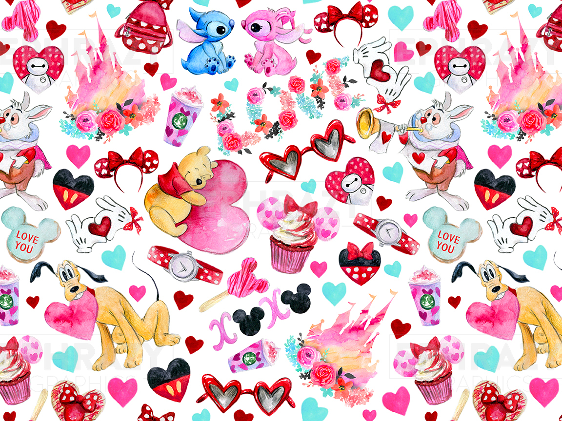 Valentine Valentine's Day Disney Watercolor Seamless Pattern