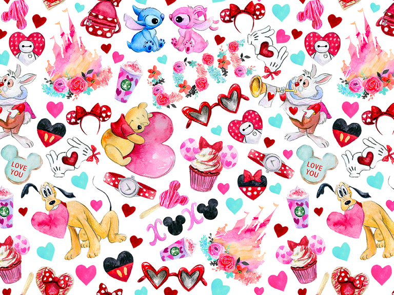Valentine Valentine's Day Disney Watercolor Digital Seamless Pattern