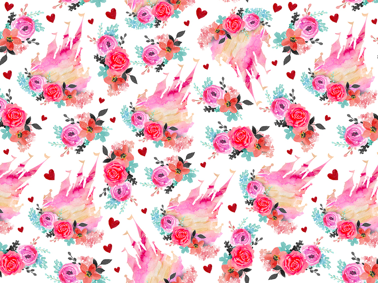 Disney Castle Valentine Valentine's Day Love Floral Watercolor Seamless Pattern