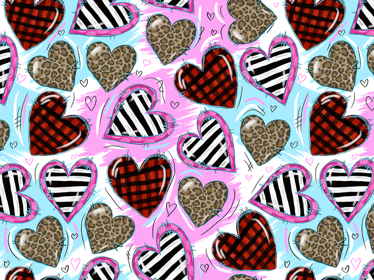 Valentine Valentine's Day Heart Plaid Leopard Hand Drawn Seamless Pattern
