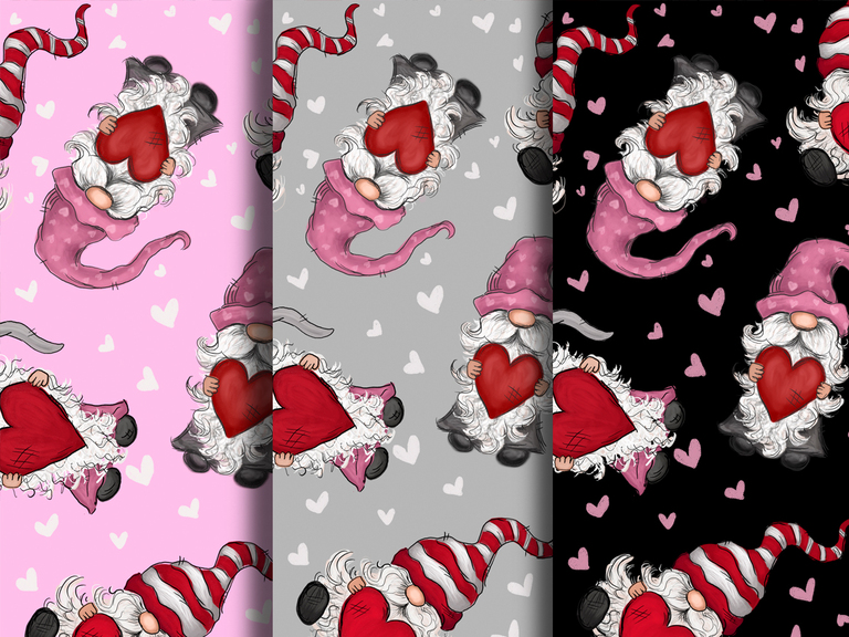 Valentine Valentine's Day Gnome Gnomes Hand Drawn Heart Doodle Seamless Pattern