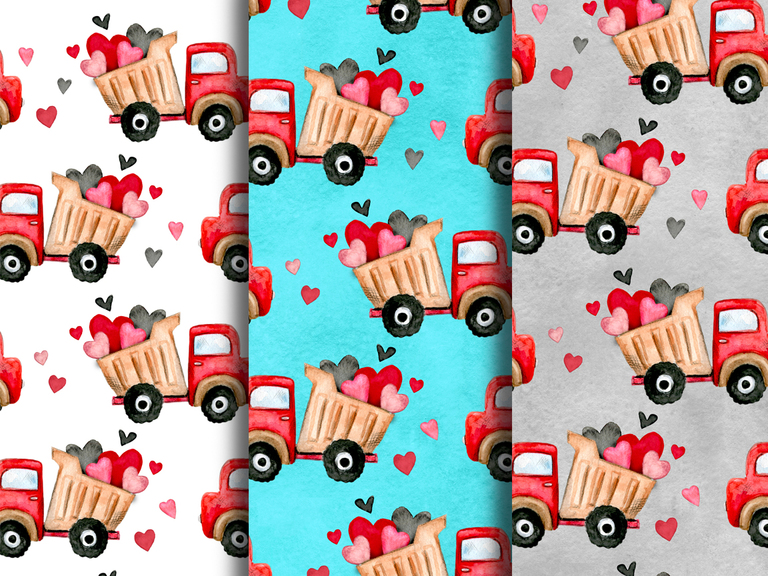 Valentine Valentine's Day Little Truck Boy Toddler Kids Hand Drawn Watercolor Digital Seamless Pattern