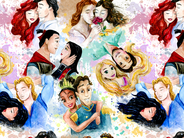 Disney Princess Prince Valentine's Day Valentine Watercolor Digital Seamless Pattern