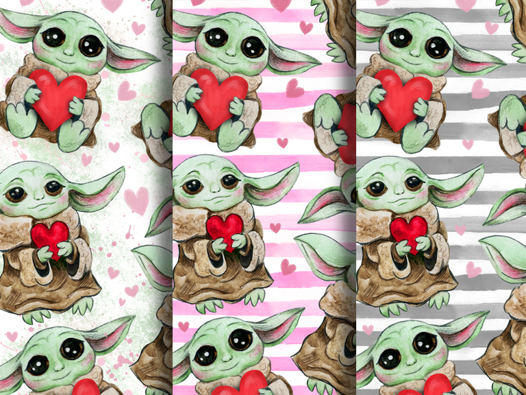 Disney Baby Yoda Valentine's Day Valentine Love Heart Watercolor Seamless Pattern