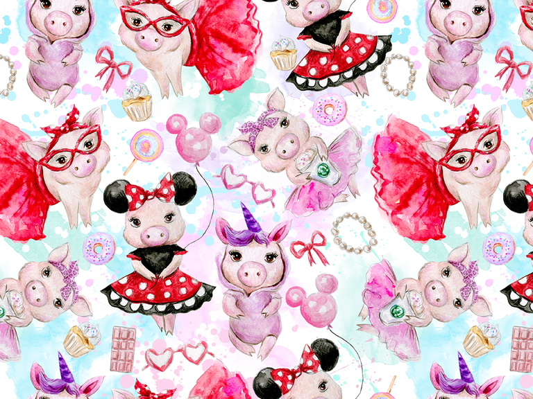 Piggy Pig Disney Girly Love Fashion Watercolor Digital Seamless Pattern