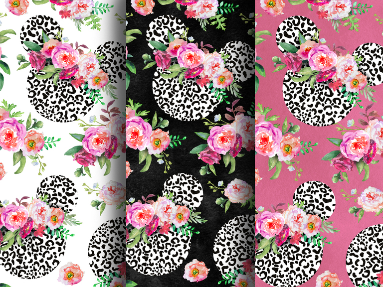 Leopard Mickey Disney Floral White Flowers Summer Watercolor Seamless Pattern