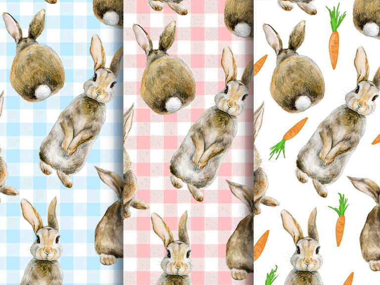 Easter Spring Bunny Rabbit Carrot Plaid Watercolor Seamless Pattern