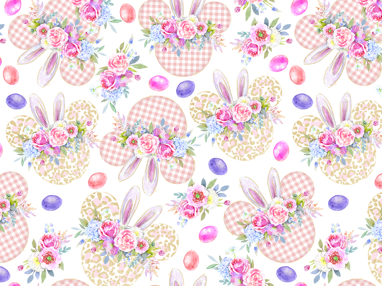 Spring Disney Mickey Ears Head Floral Eggs Bunny Rabbit Flowers Watercolor Seamless Pattern