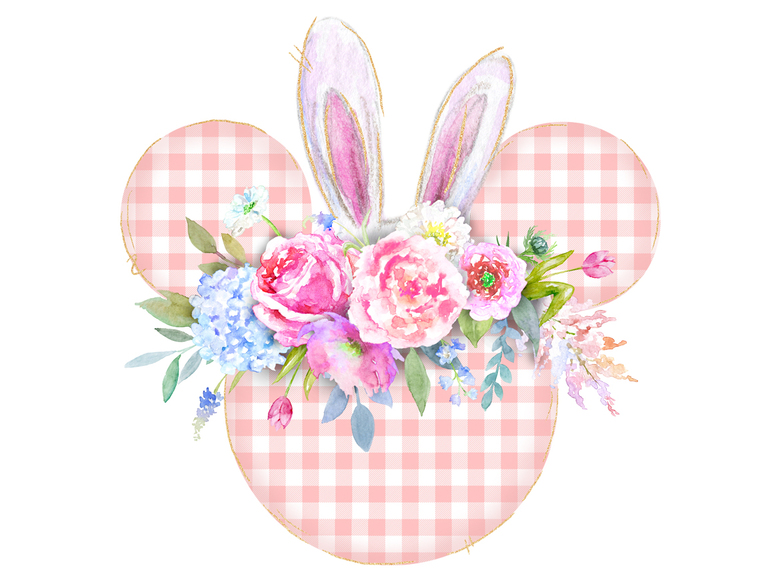 Easter Spring Disney Mickey Plaid Pink Bunny Rabbit Floral Flowers Watercolor Printable Digital Sublimation
