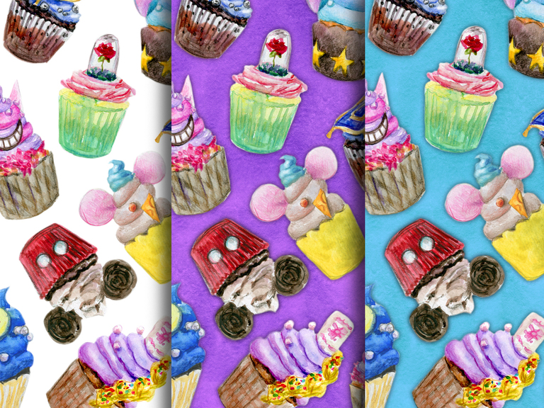 Disney Muffin Cupcake Food Meal Disneyland Watercolor Seamless Pattern