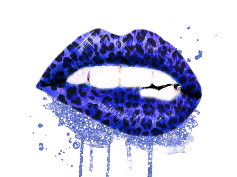 Dripping Lips Cheetah Leopard Glitter Royal Blue