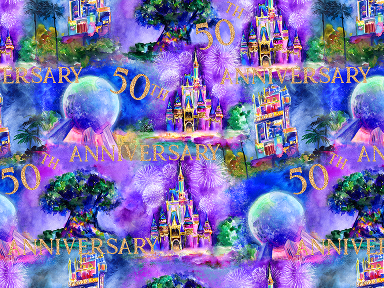 Anniversary 50 th Mickey Epcot Magic Kingdom Disney Disneyland World Seamless Pattern